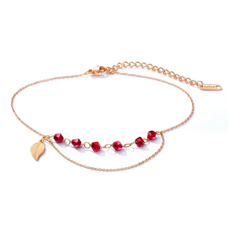 

Plated Rose Gold Jewellery Gold Leaf Ruby Red Gemstone 316L Stainless Steel Anklets Foot Jewelry