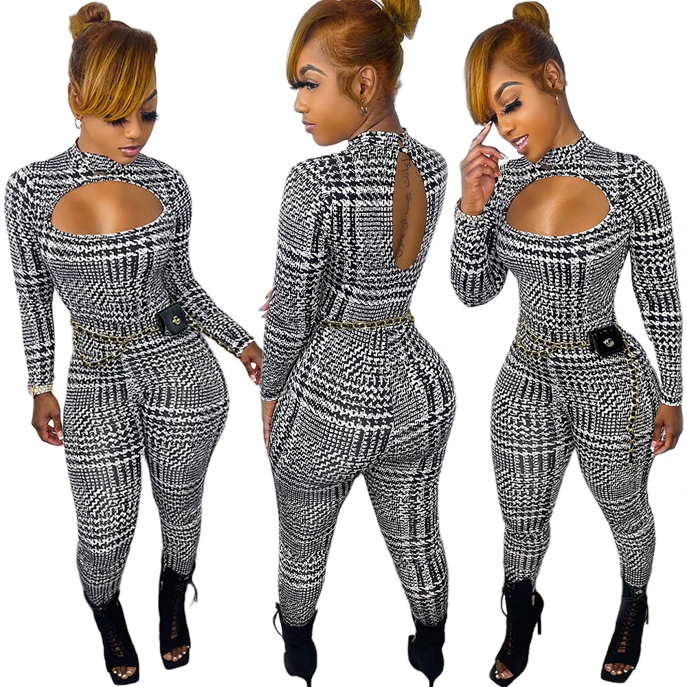 

Spring stretch hollow Sexy Long sleeve Printed 2022 women's jumpsuit, Black