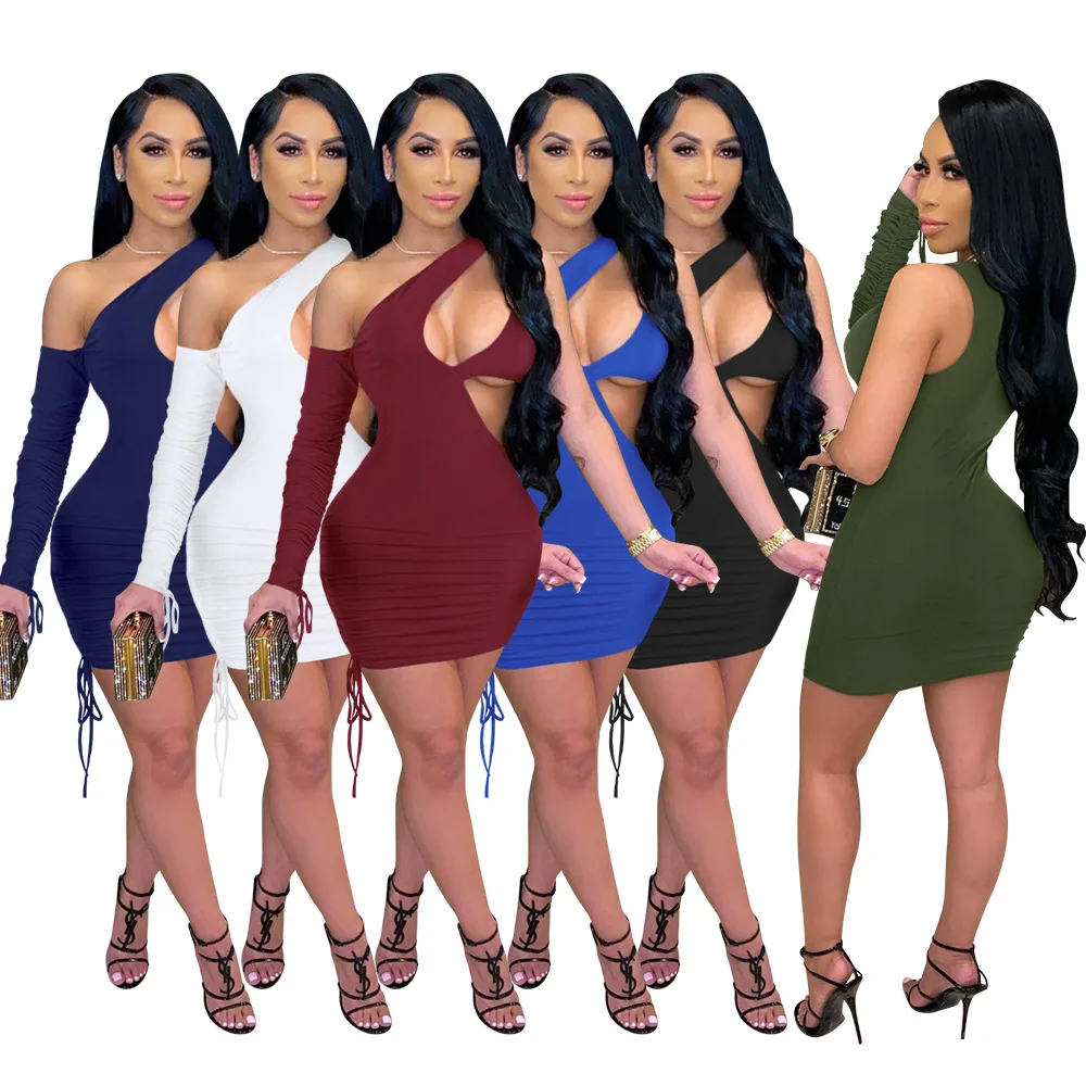 

Sexy One-shoulder Hollow Drawstring Hips Dress Solid Color Bodycon Sun Dresses Women Casual Dress 2021, As pictures