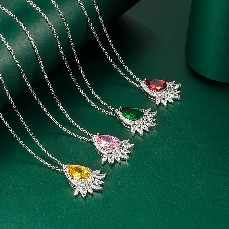 

S925 Sterling Silver Plated Emerald Ruby Waterdrop Shape Gem Necklace Colorful Pear Shaped Diamond Pendant Necklaces For Women