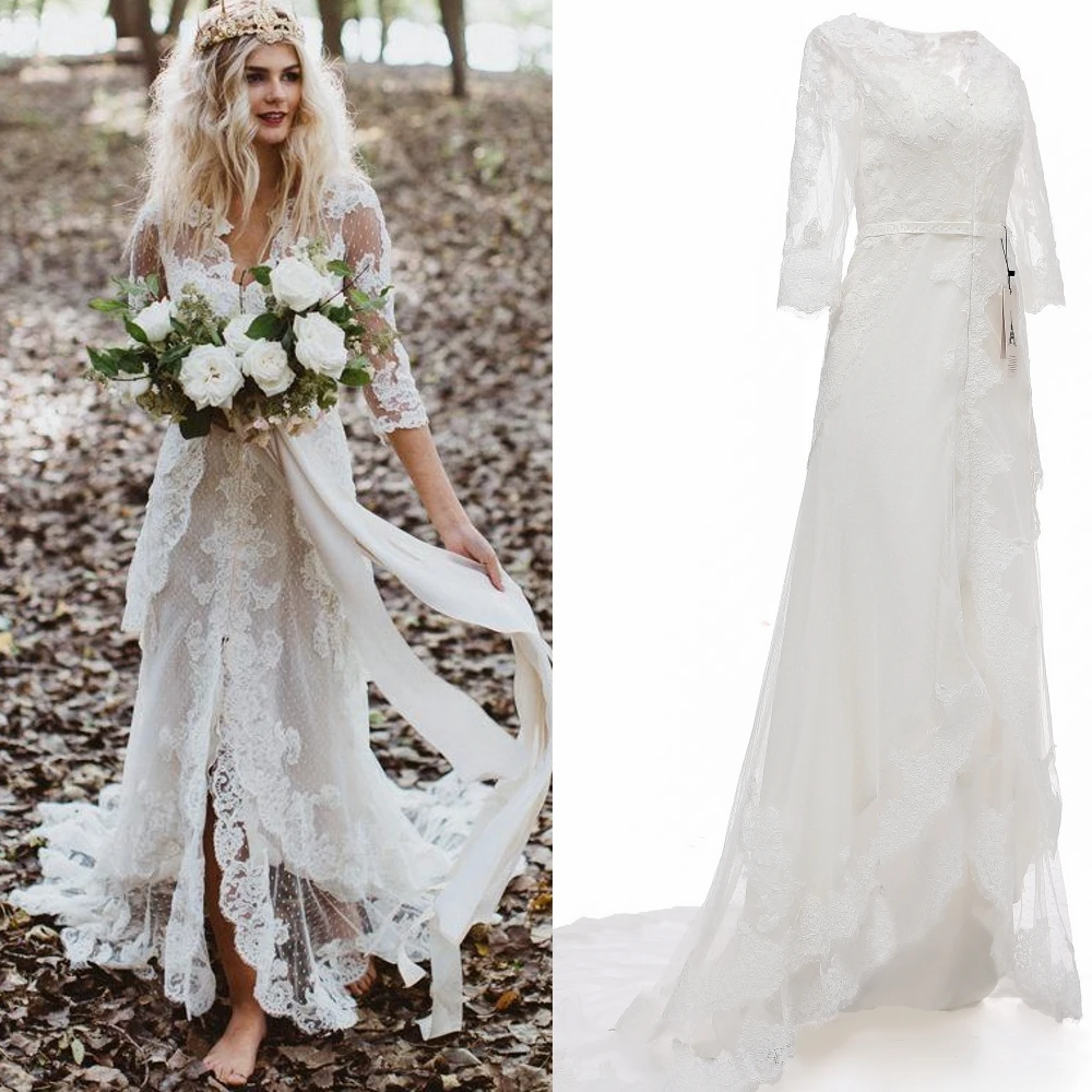 

1028#Illusion White Half Sleeve Deep V-Neck Bohemian Boho Beach Lace Princess Sweep Train Bridal Gowns Wedding Dress