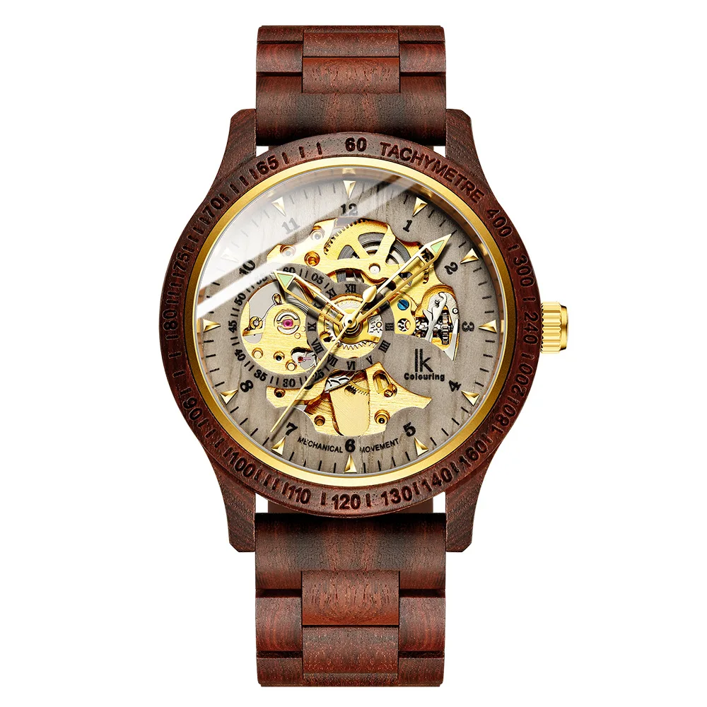 

IK Coloring Wooden Mechanical Watches Fashion Mens Hollow Skeleton Automatic Analog Wrist Watches Dropshipping