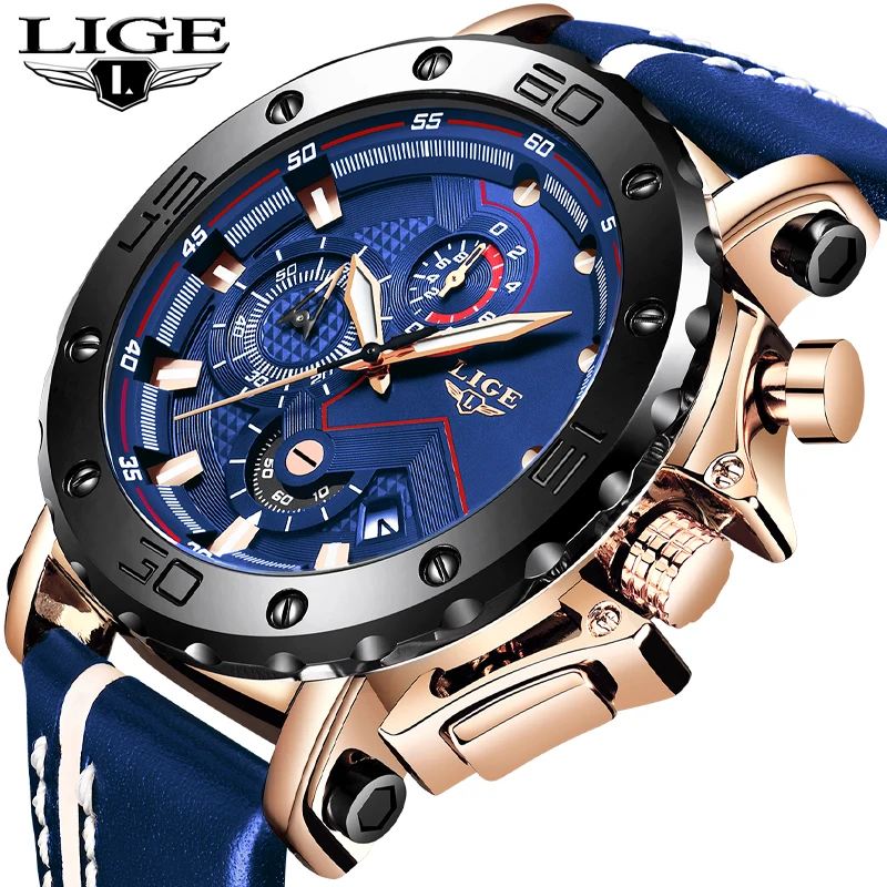 

New LIGE 9899 Top Brand Luxury Mens Watch Big Dial Military Quartz Watch Casual Leather Waterproof Sport Chronograph Watch Men