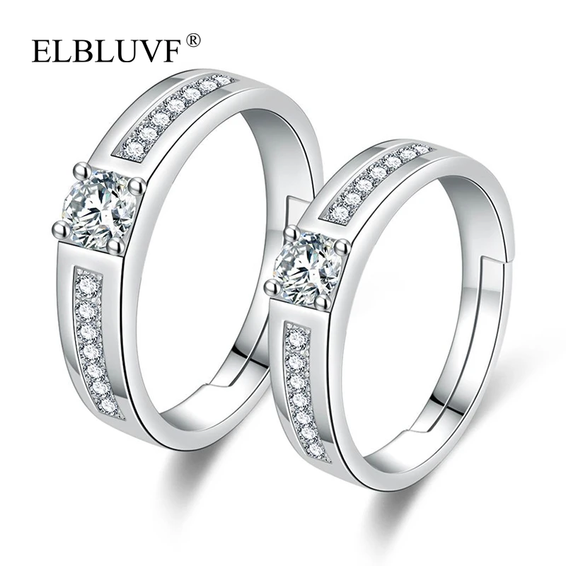 

ELBLUVF Free Shipping Simple Copper Alloy Jewelry Cubic Zircon Lovers Diamond Engagement 925 Silver Plated Couple Ring, White gold