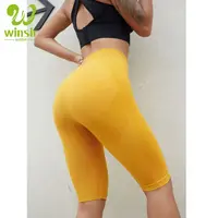 

Custom Yellow Half Length Thigh High Seamless Knit Ribbed High-rise Yoga Athletic Gym Sports Yoga Biker Shorts Leggings Pants