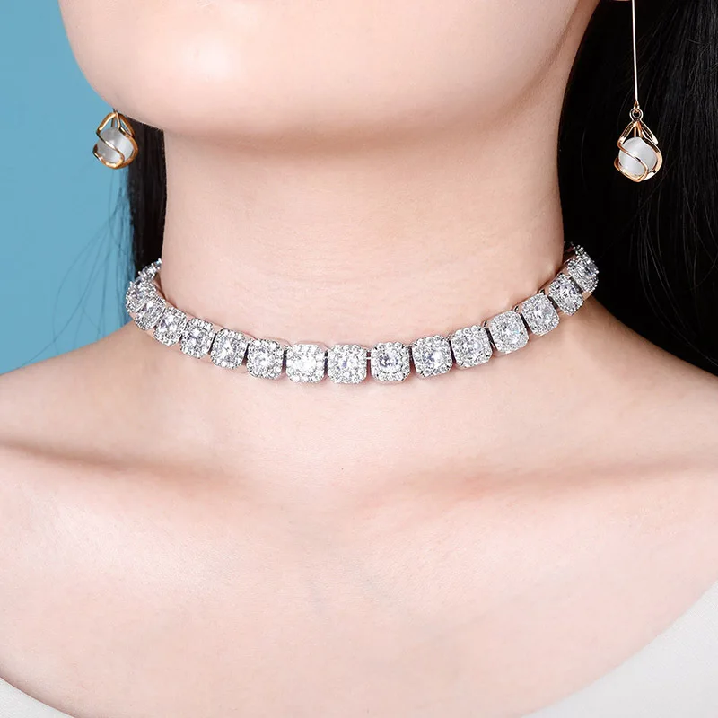 

Dropshipping best selling 14inch 15inch Icy cubic zicronia tennis chain square diamond choker necklace womens jewlery