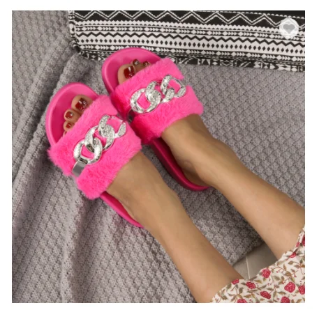 

Foma MT2280 Hot selling soild color thick soled down upper face women slippers fur shoes, As picture