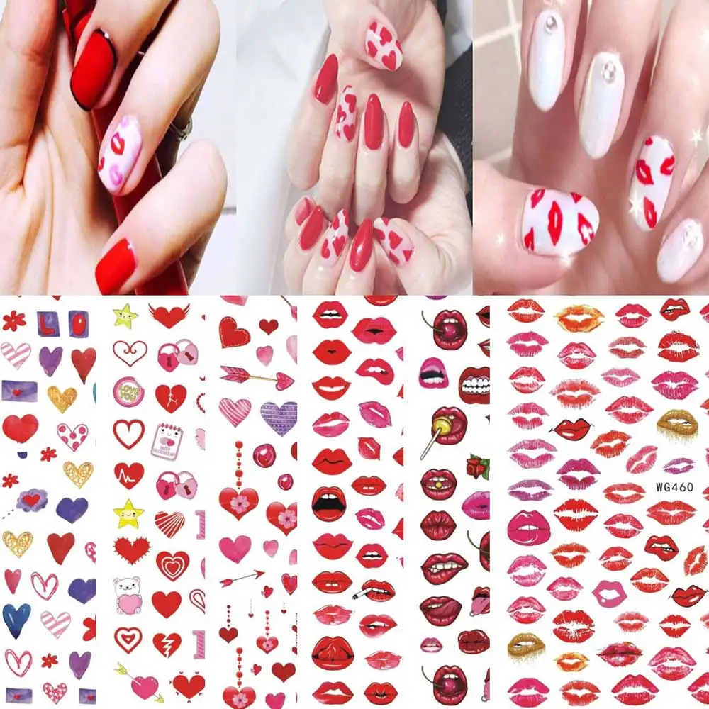 

New 2021 Valentine's Day Gift Love Heart Nail Sticker Kiss Red Lip Arrow Series 3D Nail Art Wholesale Decoration Nail Sliders