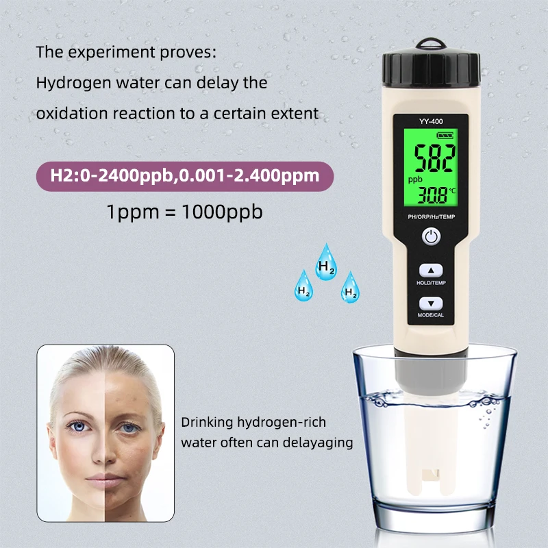 Máy Kiểm Tra Nồng Độ Ion Hydro Kỹ Thuật Số Máy Đo Nước 4 Trong 1 H2 0-2400ppb Cho Bể Cá, Bể Bơi, Nước Uống
