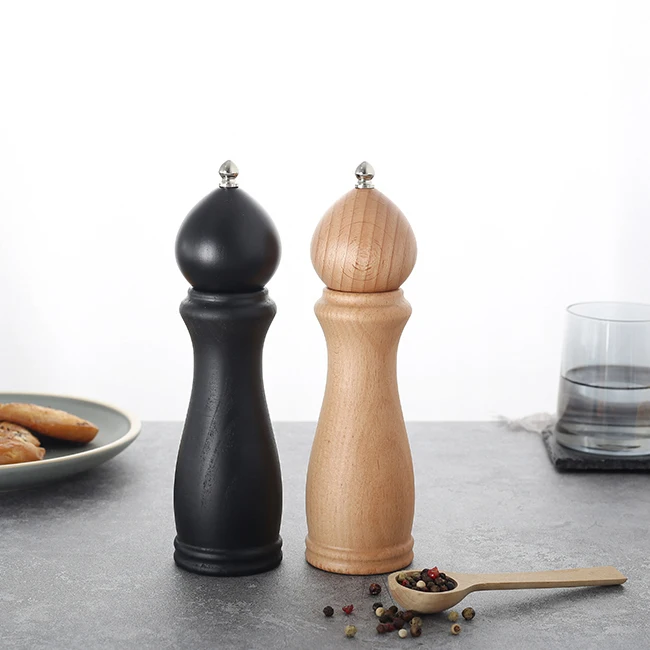 Traditional classic manual solid beech wooden turkish malaysia 8" wood spice salt and pepper mill grinders set, Customized