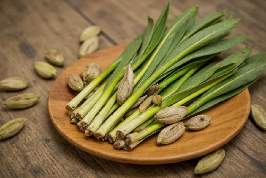 Cardamom seeds being ground in a traditional mortar and pestle with visible aromatic oils