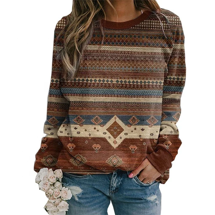 

Free Shipping Wholesale O-neck Long Sleeve Tops Women Aztec Print Sweatshirt, Accept customized color
