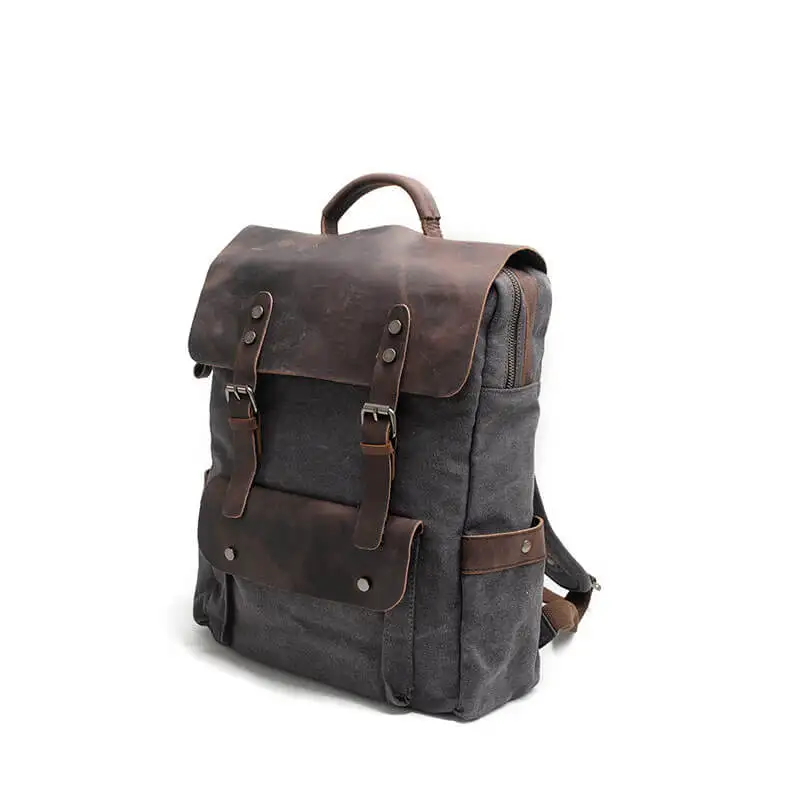

Vintage designer luxury waxed canvas waterproof rucksack bag back pack genuine leather travelling backpack