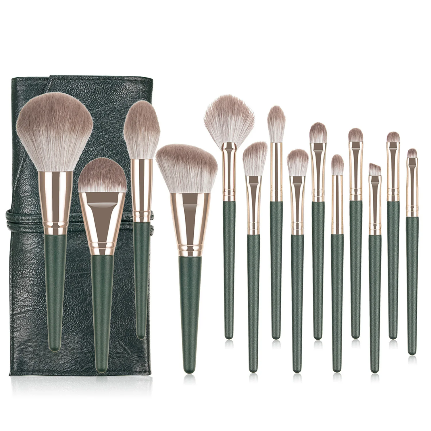 

14pcs High Quality Complete Beauty Set Foundation Brush Green handle Loose Powder Concealer Makeup Brush, As pictures