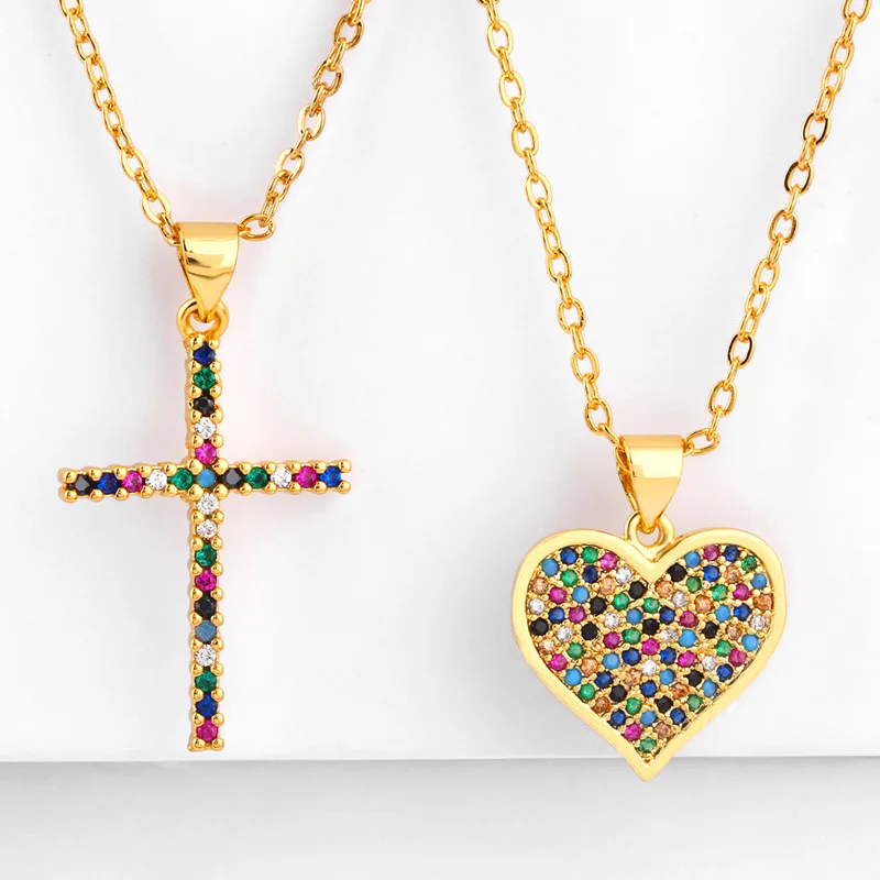 Fashion Gold Statement Heart Cubic Zirconia Necklace Geometric Rainbow Heart CZ Cross Necklace