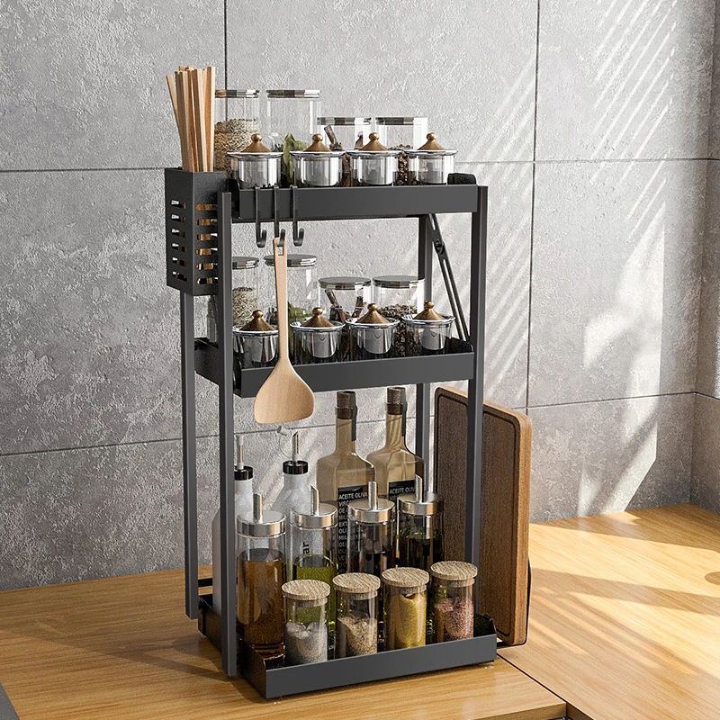 

black coating 3 tier expandable spice jar rack set kitchen organizer spice rack organizer with removable hooks tool holders