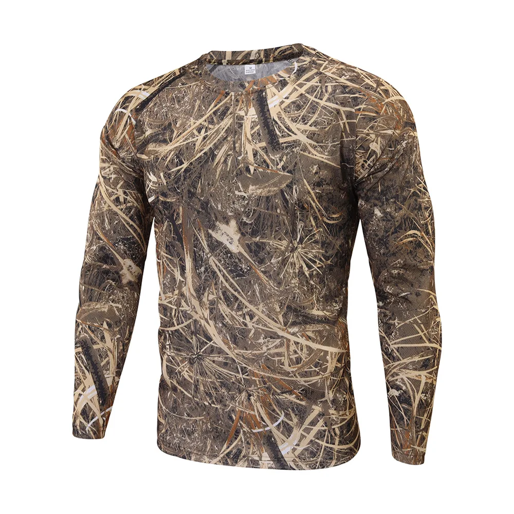 Mens Round Collar Long Sleeve  camouflage Color Stretch Sports Compression Quick Dry T Shirt