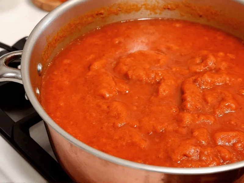 Simmering homemade lasagna sauce in copper pot