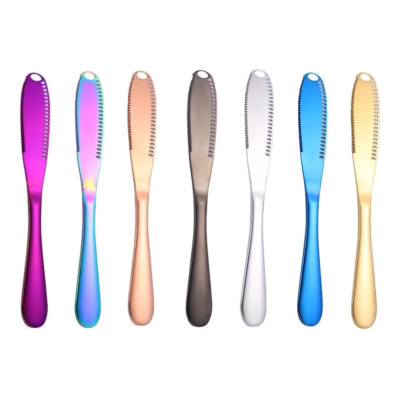 

Dinner Knife Butter Spreader Stainless Steel Multi-function Butter Knife for cold butter chocolate and soft cheese, Silver, gold, rose gold, black, iridescent, blue, purple
