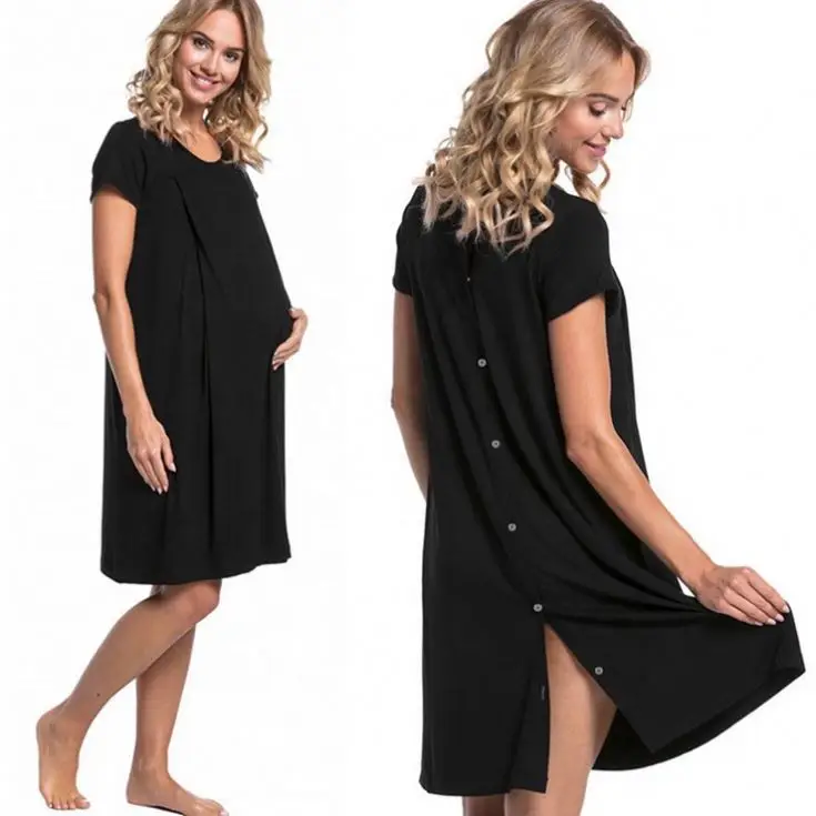 

Pregnant Women Delivery Hospital Dress Short Sleeves Breastfeeding Dress Suit Maternity Nursing Breastfeeding Shirt Gown, Black, red,green, gray