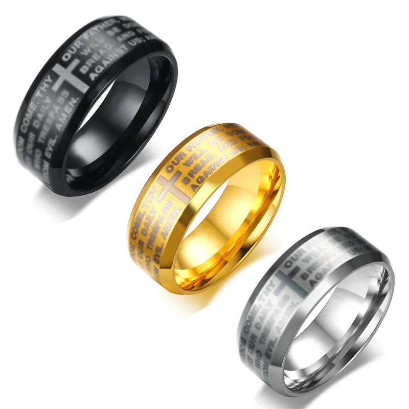 

Vintage Christian Bible Religious Titanium Gold Silver Black Cross Rings For Women Men Bible Stainless Steel Ring