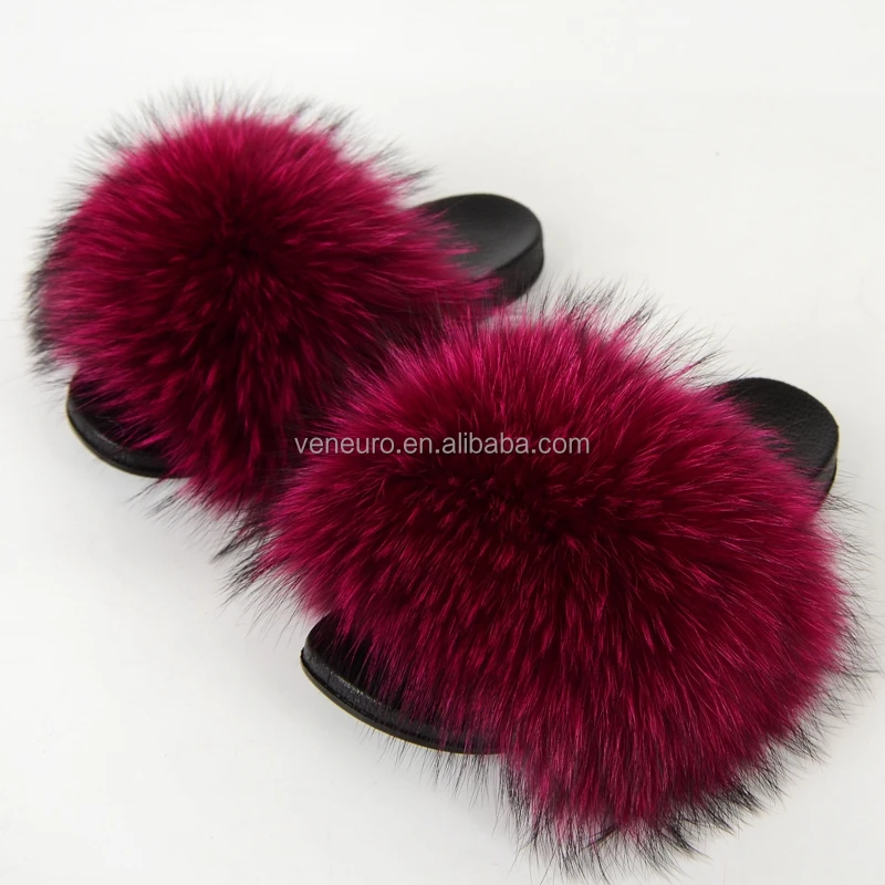 

Fashion Design Women Large Raccoon Fur Colorful Sandal Slides Soft Furry Slippers Natural Brown Big Fur Slides, Customized color
