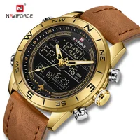 

NAVIFORCE 9144 luxury Leather Gold Mens watches Sport LCD Analog Wrist Watch