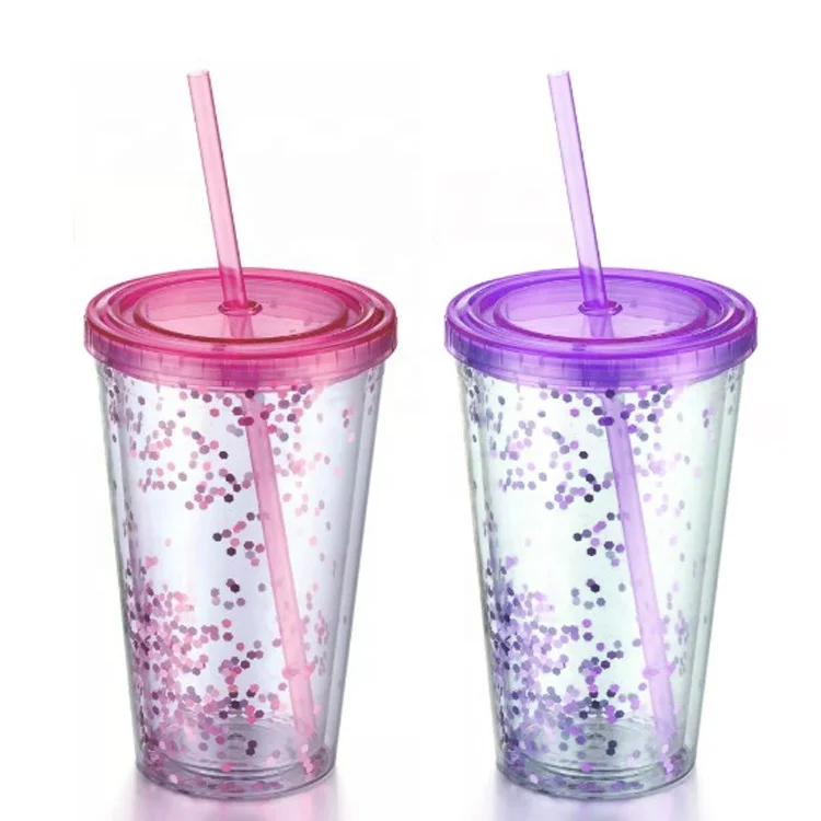 

Wholesale Eco Friendly Water Juice Milktea Double Wall Glitter Tumbler with Straw, Any color is available