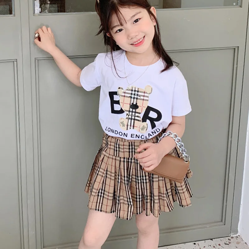 

New fashion Toddler Girls Clothing set summer plaid bear T-shirt top and skirt set clothing for kids girl