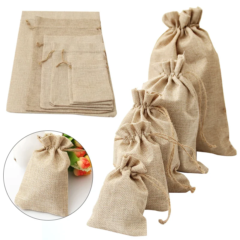 

Christmas Party Favor Candy Pouches Wedding Jewelry Display Sack Natural Linen Burlap Bag Jute Drawstring Gift Packaging Bags