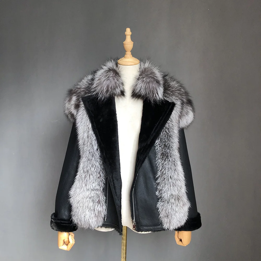 最新优雅女装冬季羊皮大衣羊皮皮夹克与狐狸毛皮或浣熊毛皮
