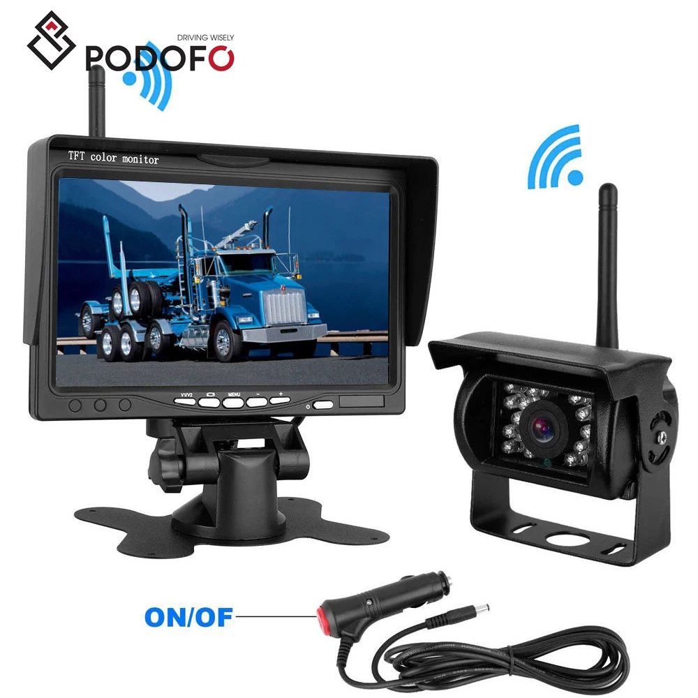 

Podofo Wireless 7" Car Rear View Monitor Reverse Backup Camera Parking System with Car Charger For RV Truck Trailer Bus 12V 24V