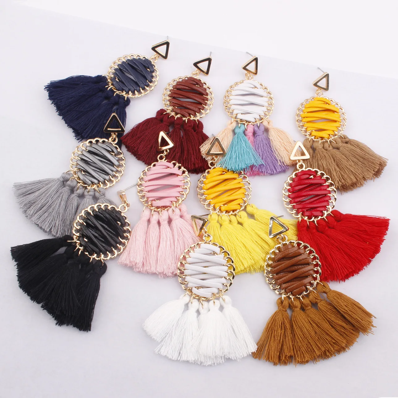 

Bohemian handmade braided long fringe tassel earrings pom pom dangle earring