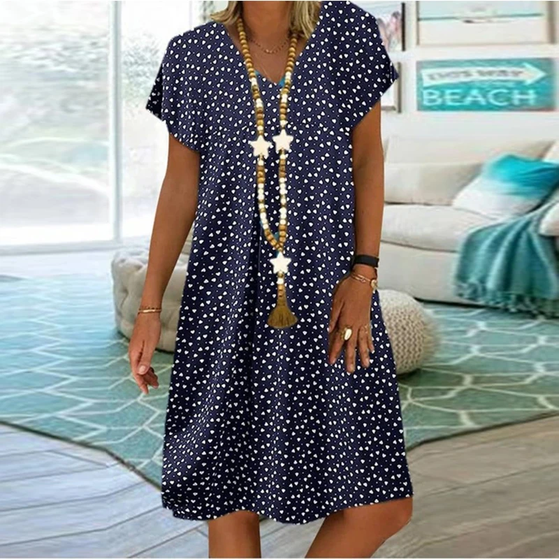 

Big Size Dress Women Summer Loose V Neck Short Sleeve Heart Printed Dresses Plus Size Women Clothing Female Dress 2021