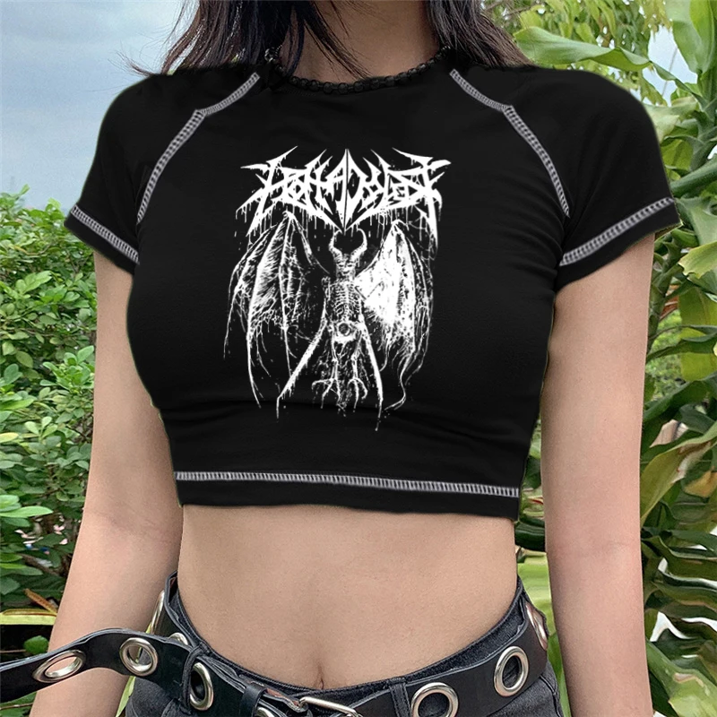 

Women's T-shirt Harajuku Y2K crop Top Harajuku Retro Korean Black Demon Punk Gothic Anime Print Clothes Slim anime