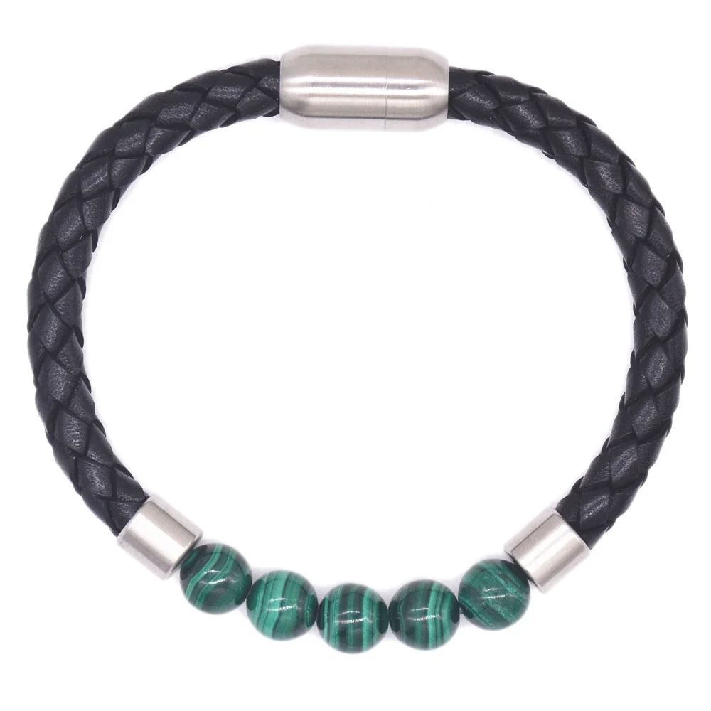 

Drop shipping New Fashion wholesale Nature Malachite Stone cheap leather men leather bracelet, Silver ,black color