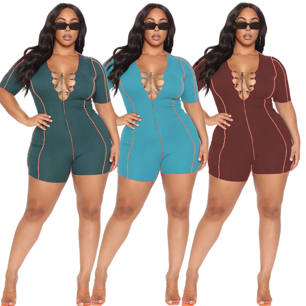 

PSWJ2018 Amazon Hot Sellings Sexy Bandage Plus Size Rompers One Piece Shorts Jumpsuit for Fat Women, As show