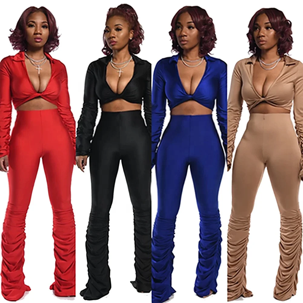 

Solid color Pleated Crop Top and Stacked Pants Women