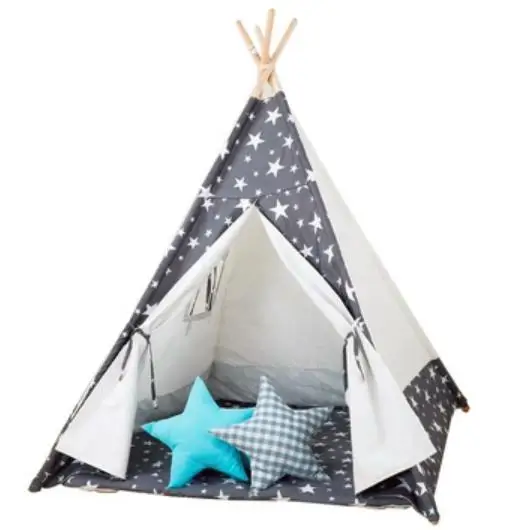 

100% Cotton Canvas Baby Children Indoor Outdoor Private Teepee Tent, White, grey, star pattern, customize color and pattern