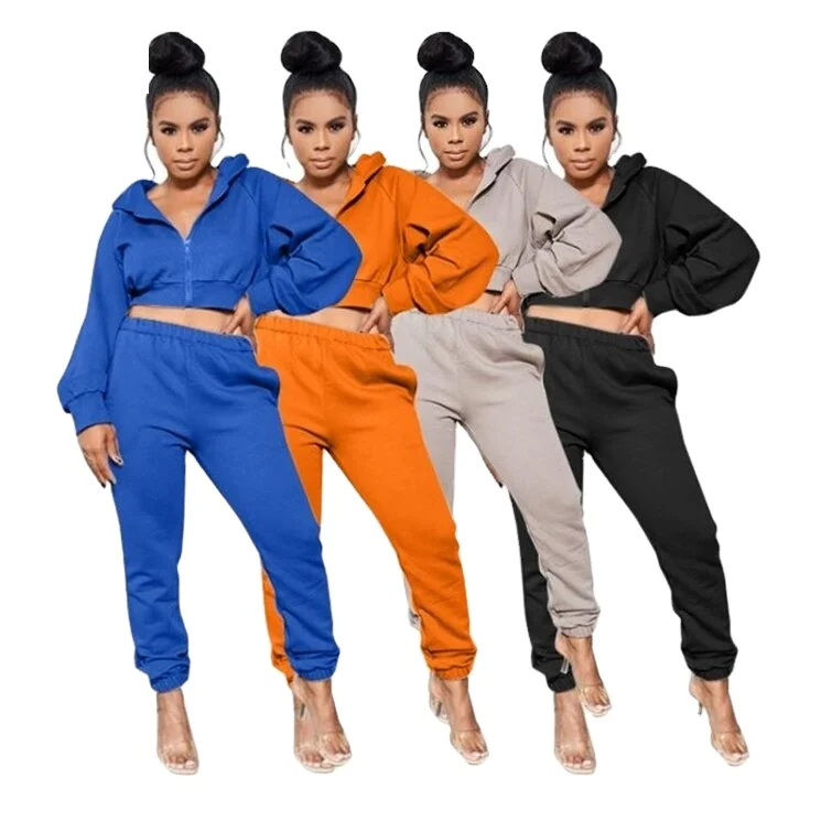 

Hot Onsale Fall Solid Color Hooied and Trousers Two Piece Set Woman Tracksuits