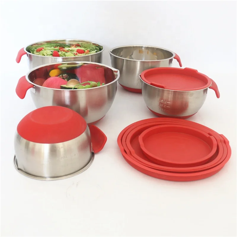 

Kitchen Ware Hot Sell Directly Food Grade Silicone Lid Salad Bowl Stainless Steel Mixing Bowls Set