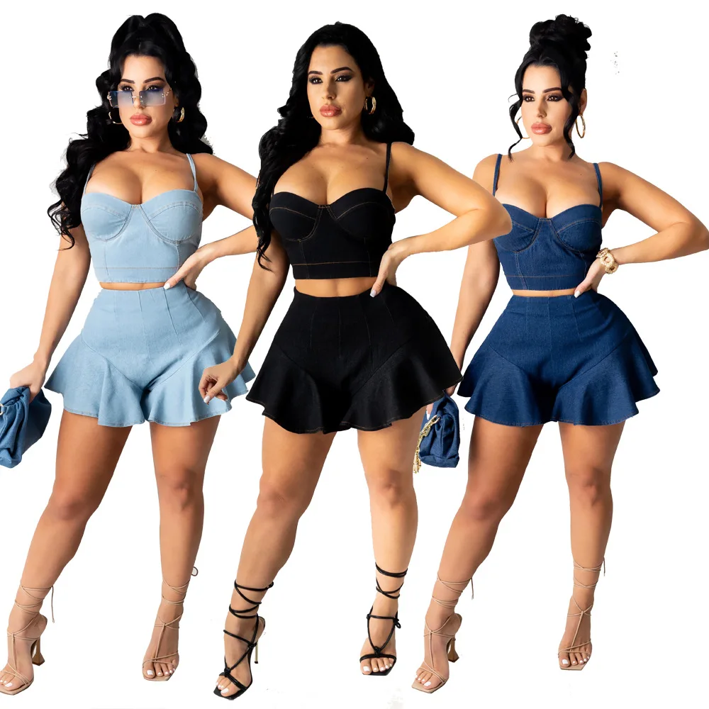 

2021 Women Summer Clothes Two-piece Denim Set Plus Size 2 Piece Set Tops Club Outfits High Waist Mini Skirt Culottes Out Wear, Picture