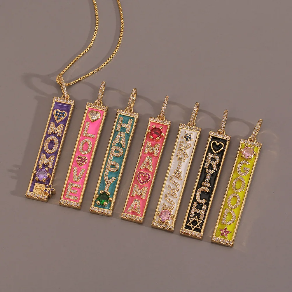 

Newest Fashion Design Bar Colorful Oil Drip Necklaces Custom KISS MOM Letter Colorful Enamel CZ Necklaces For Women Gifts