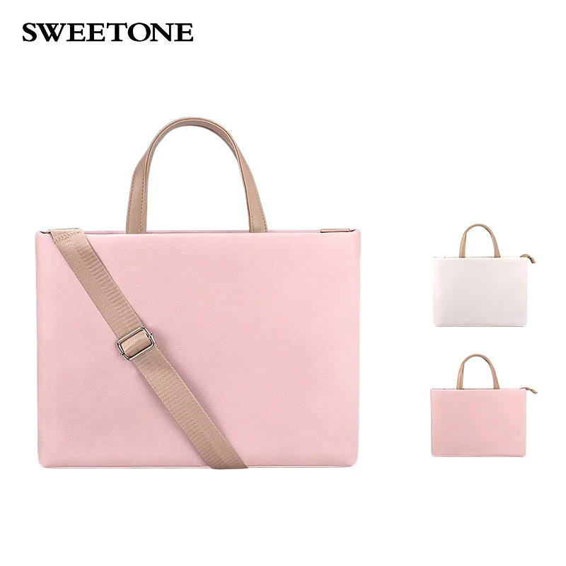

Water Resistant Business Messenger Bag PU Leather Laptop Briefcase Computer Shoulder Laptop Bag For Women, Pink, white