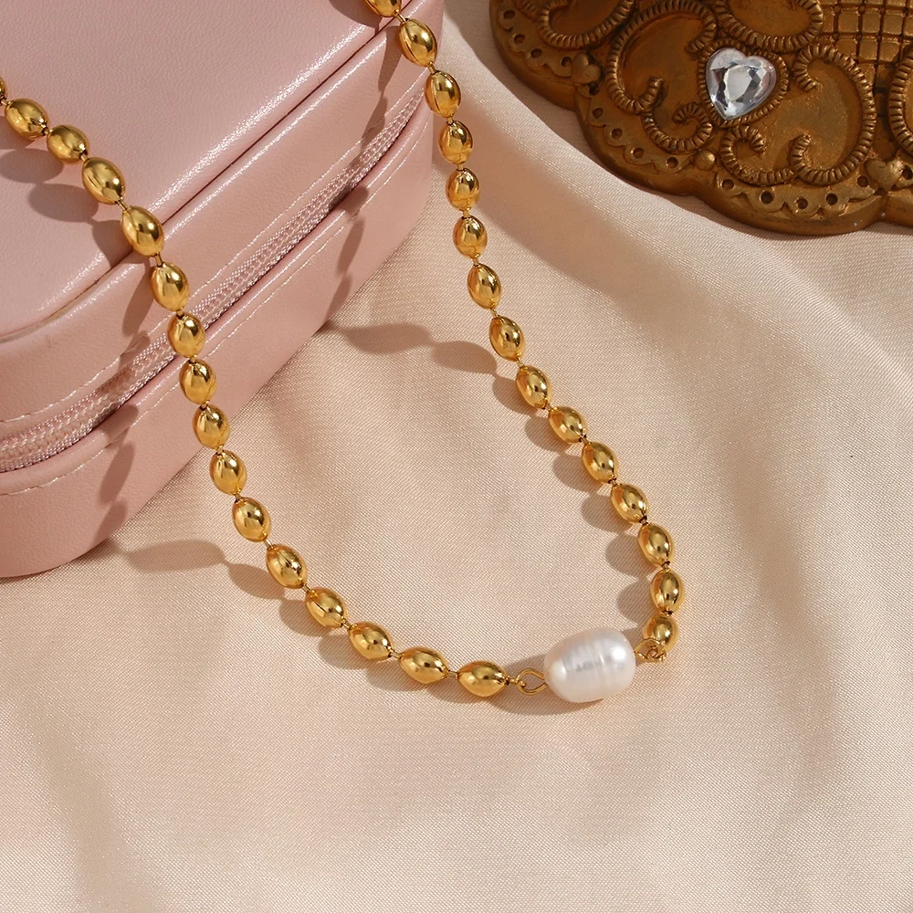 

Non Tarnish Stainless Steel Pearl And Gold Chain Necklace Jewelry 18K Pvd Gold Plated Bead Chain Necklace