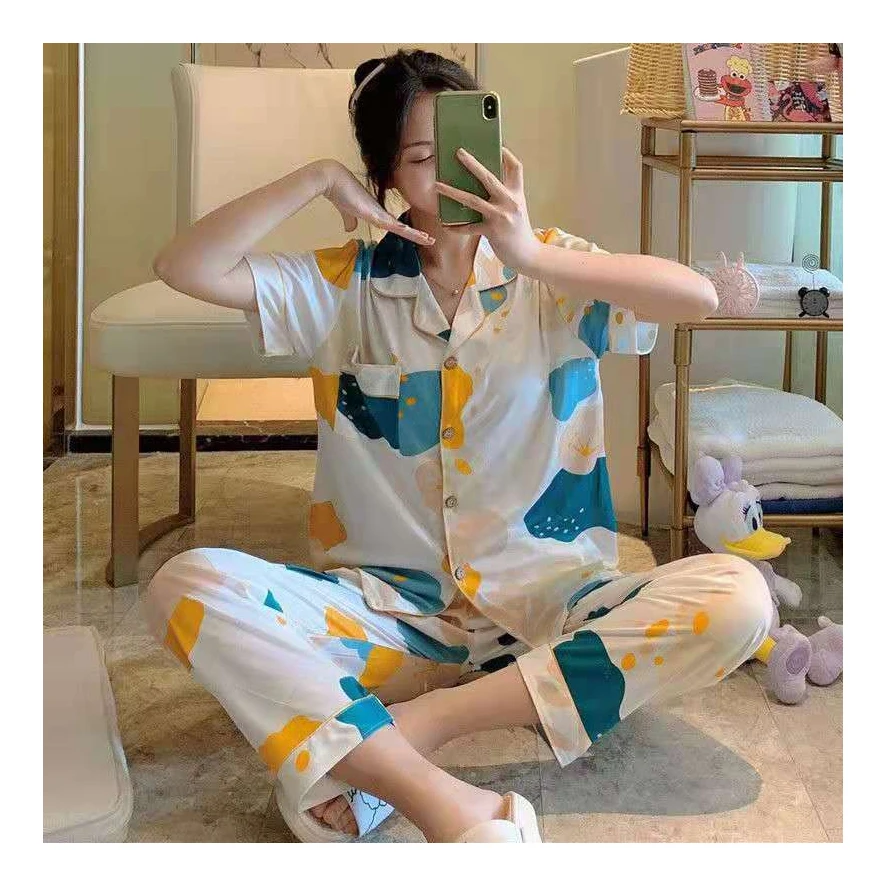 

SleepLounge Women's Spring And Summer Sleepwear Milk Silk Pajama Set Women Pajamas Sleepwear, Picture shows