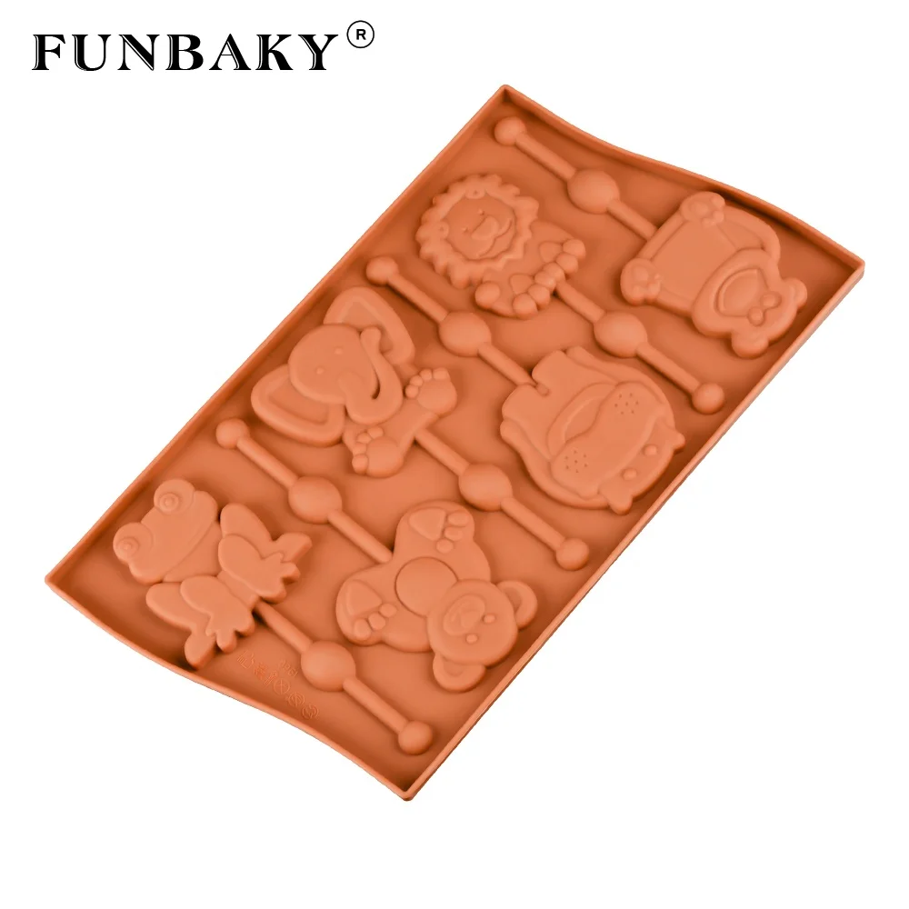 

FUNBAKY JSC1960 Candy silicone mold 6 cavity hard candy making tool animal elephant lion frog bear shape lollipop mold chocolate, Customized color