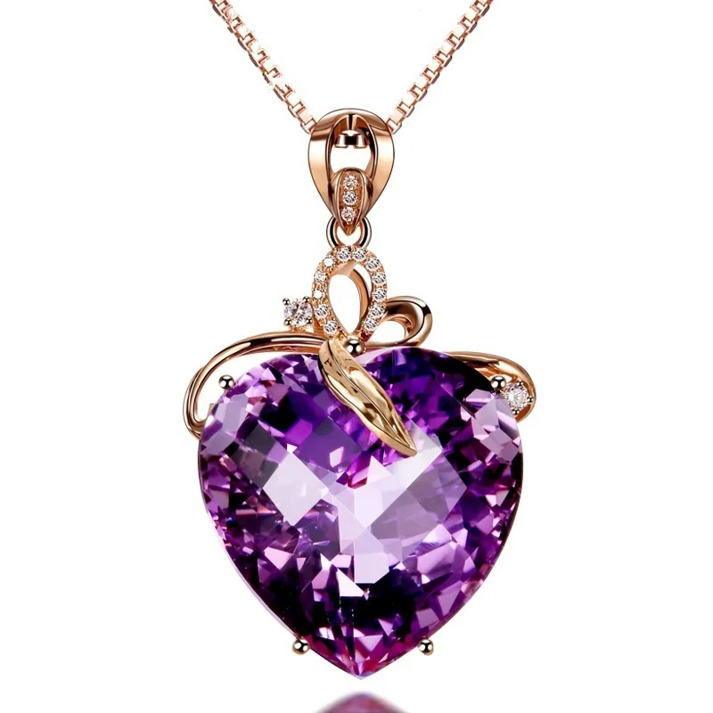 

2021 Heart-shaped Amethyst Pendant Necklace Female Rose Gold Love Zircon Simple Crystal Jewelry Zodiac Necklaces, Purple