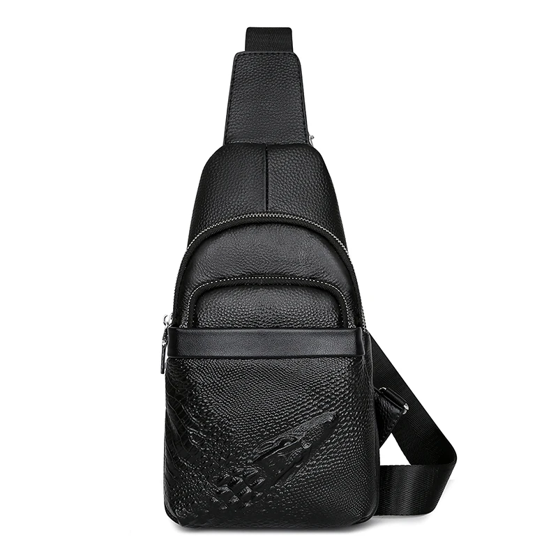 

Fashion high quality cowhide men's crocodile pattern chest bag cross shoulder bag, Black