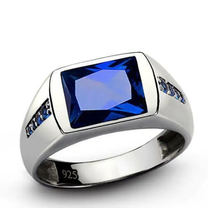 

Blue Sapphire Natural Gemstone Jewelry Emerald Cut 7 Carat Rings 925 Sterling Silver Handmade Sapphire Wedding ring